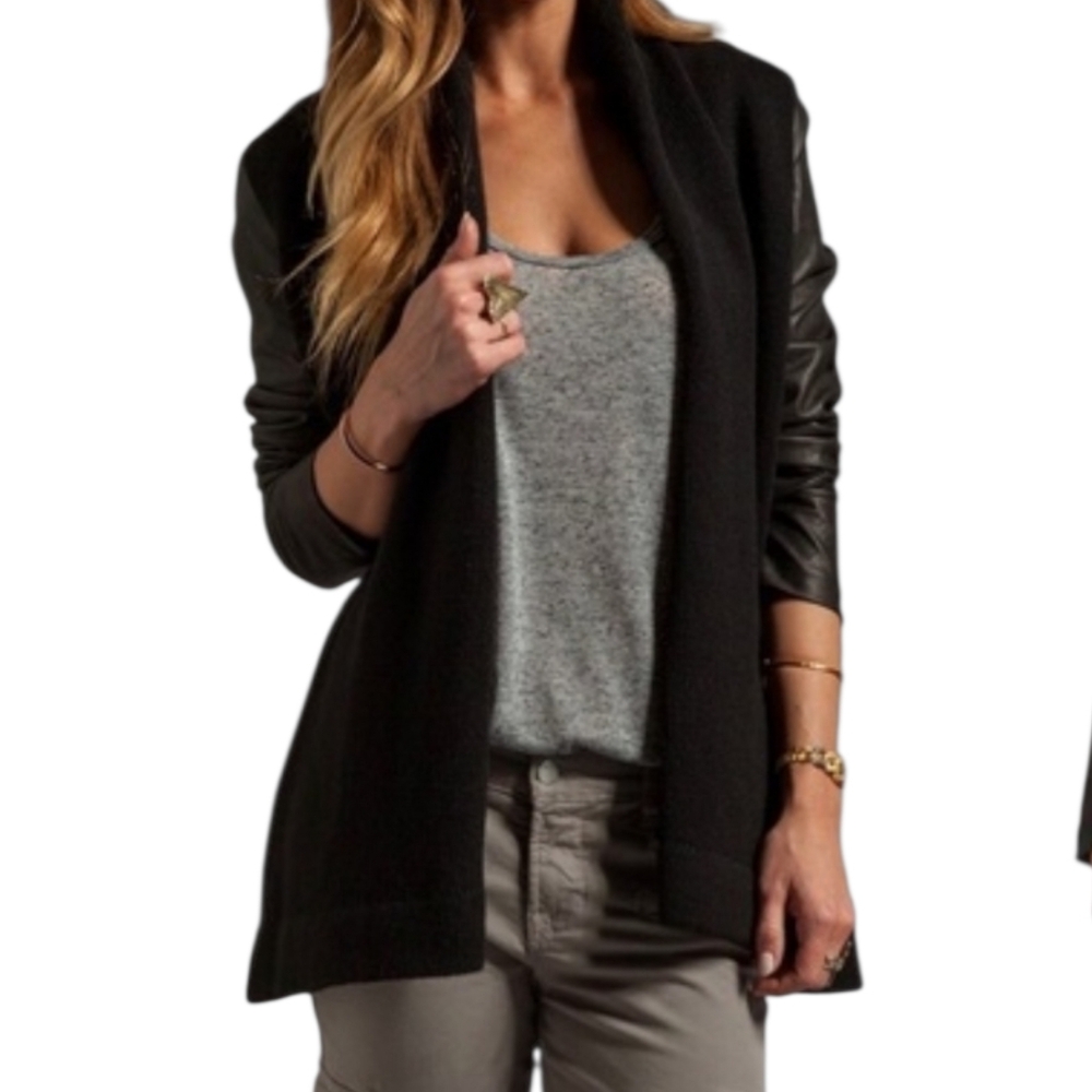 VINCE Leather Sleeve Drape Cardigan Sweater/Jacket, Black, Size Small